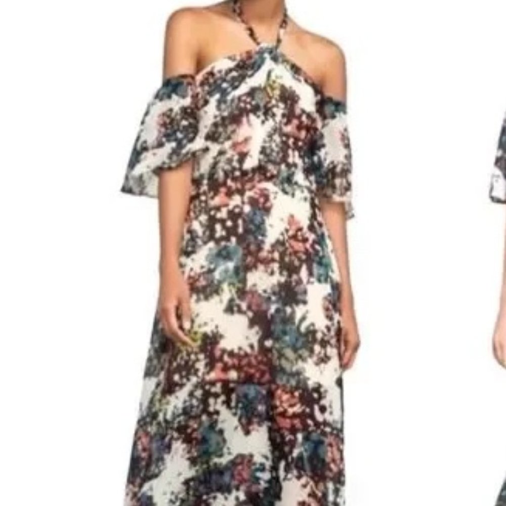 BCBG MaxAzria Green/Multicolor Print Kelly Ruffled Off-The-Shoulder Dress Size 0